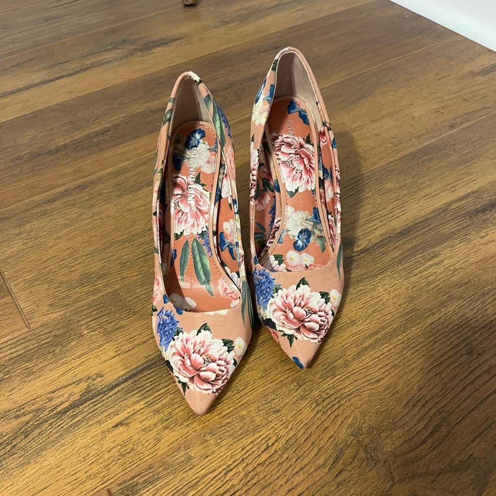 Pink and blue floral closed toe stilettos